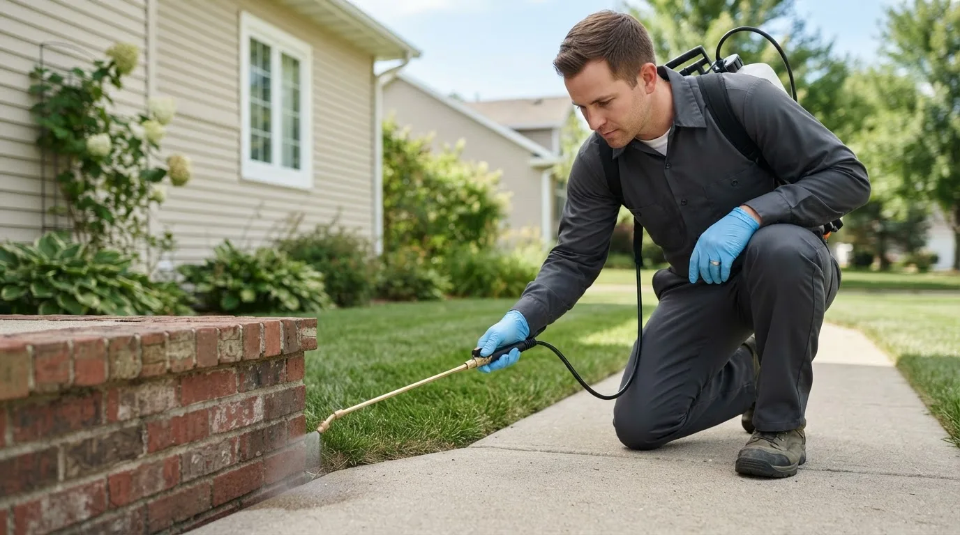 Pest control technician treating a home near Bedford, MA