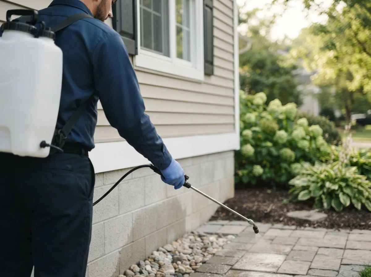 Pest control technician inspecting a home in Bedford, MA